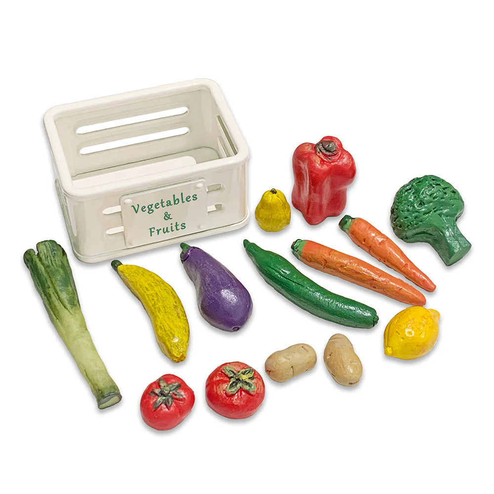 Vegetables & Fruits Set 1:6 Scale — 14-Piece Hand-Painted Poly with Metal Crate