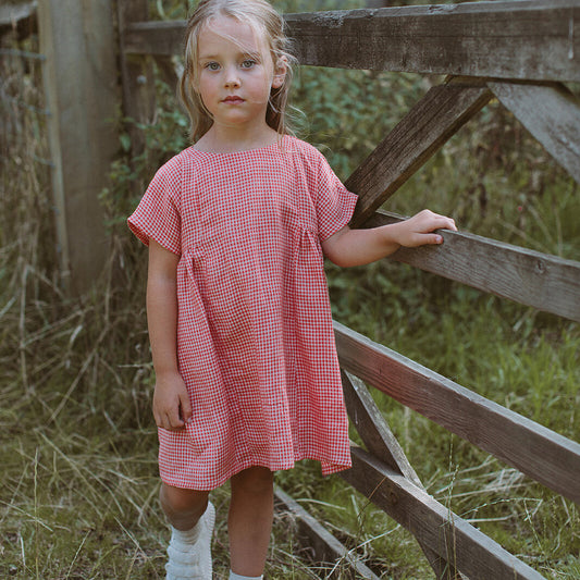 Ring O'Roses Dress| Strawberry & Oat Mini Check Linen in 18/24M