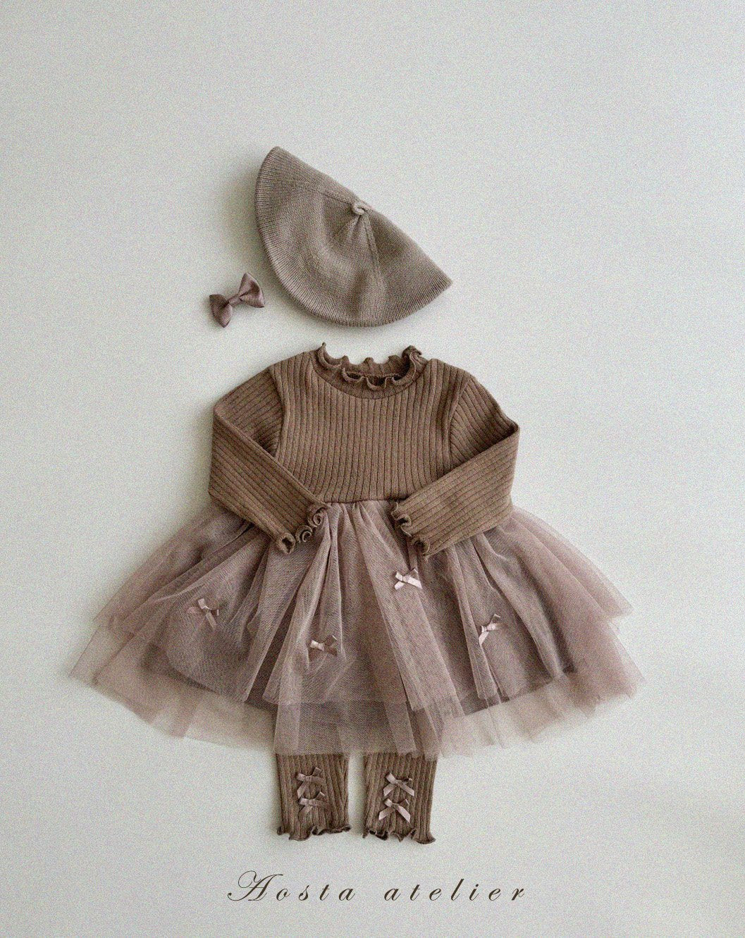 Camellia Ribbon Tulle Dress | Brown