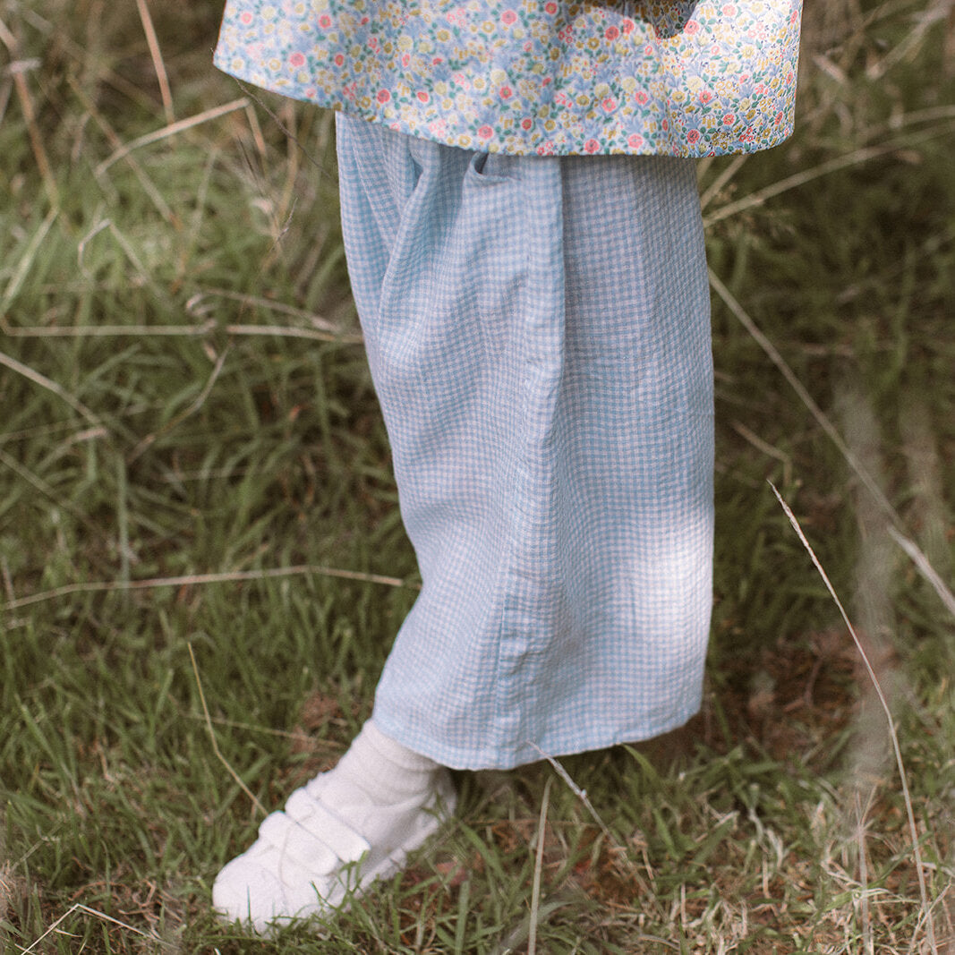 Chess Trousers | Baby Blue & Milk Mini Check Linen 18/24M