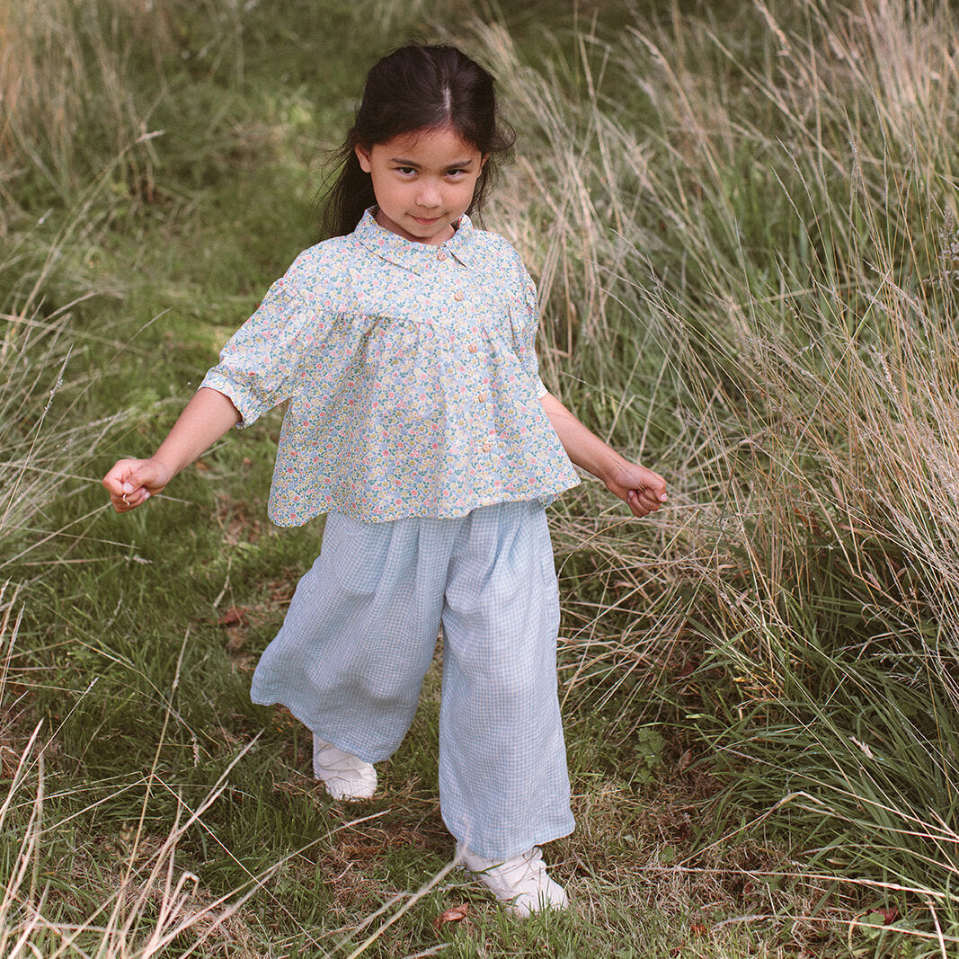 Chess Trousers | Baby Blue & Milk Mini Check Linen 18/24M