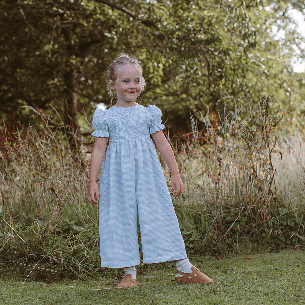 Jumping Jack Jumpsuit | Baby Blue & Milk Mini Check Linen