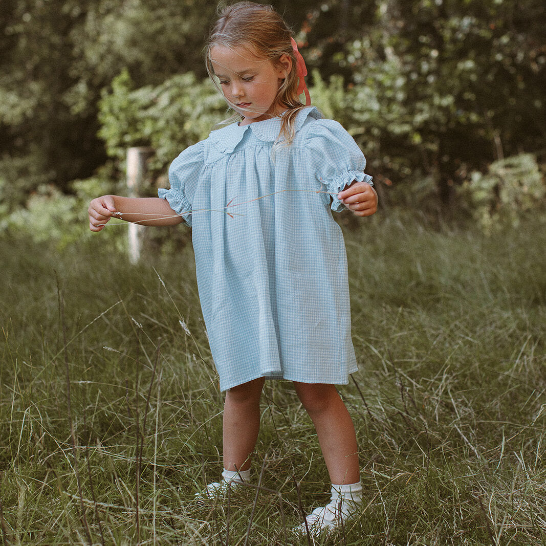 Marbles Dress | Baby Blue & Milk Mini Check Linen