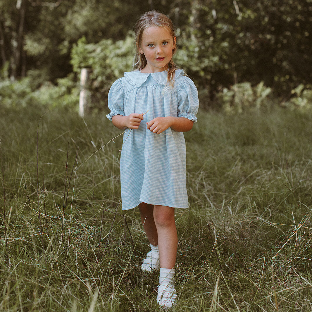 Marbles Dress | Baby Blue & Milk Mini Check Linen