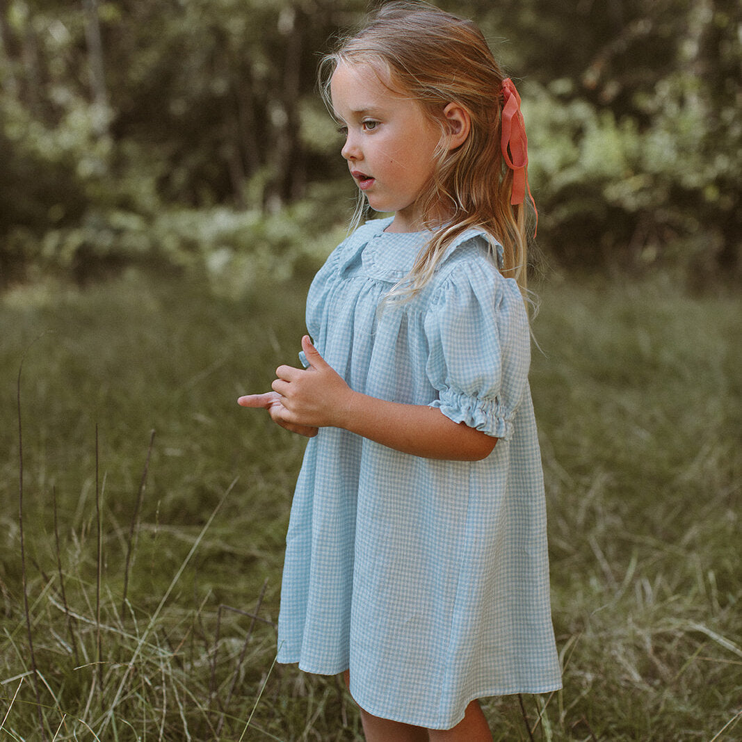 Marbles Dress | Baby Blue & Milk Mini Check Linen