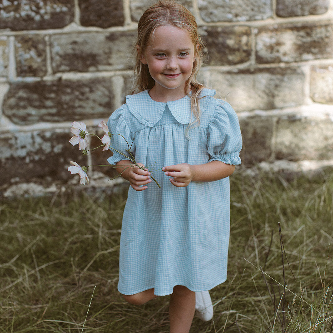 Marbles Dress | Baby Blue & Milk Mini Check Linen