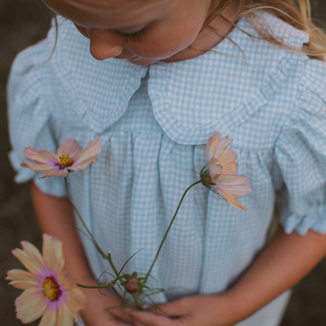 Marbles Dress | Baby Blue & Milk Mini Check Linen