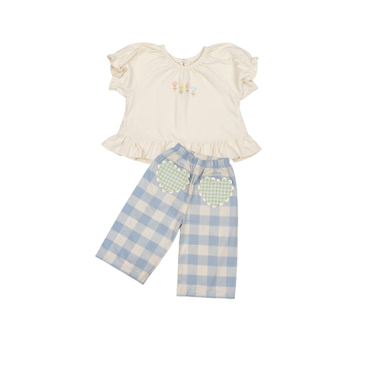 Heart Pocket Pant Set | Blue Gingham