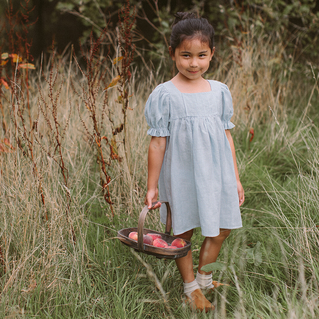 Skipping Dress | Baby Blue & Milk Mini Check Linen