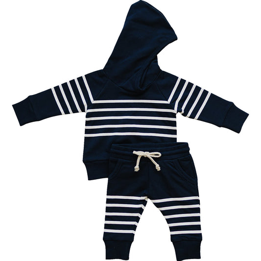 Navy Stripes Hooded French Terry Set
