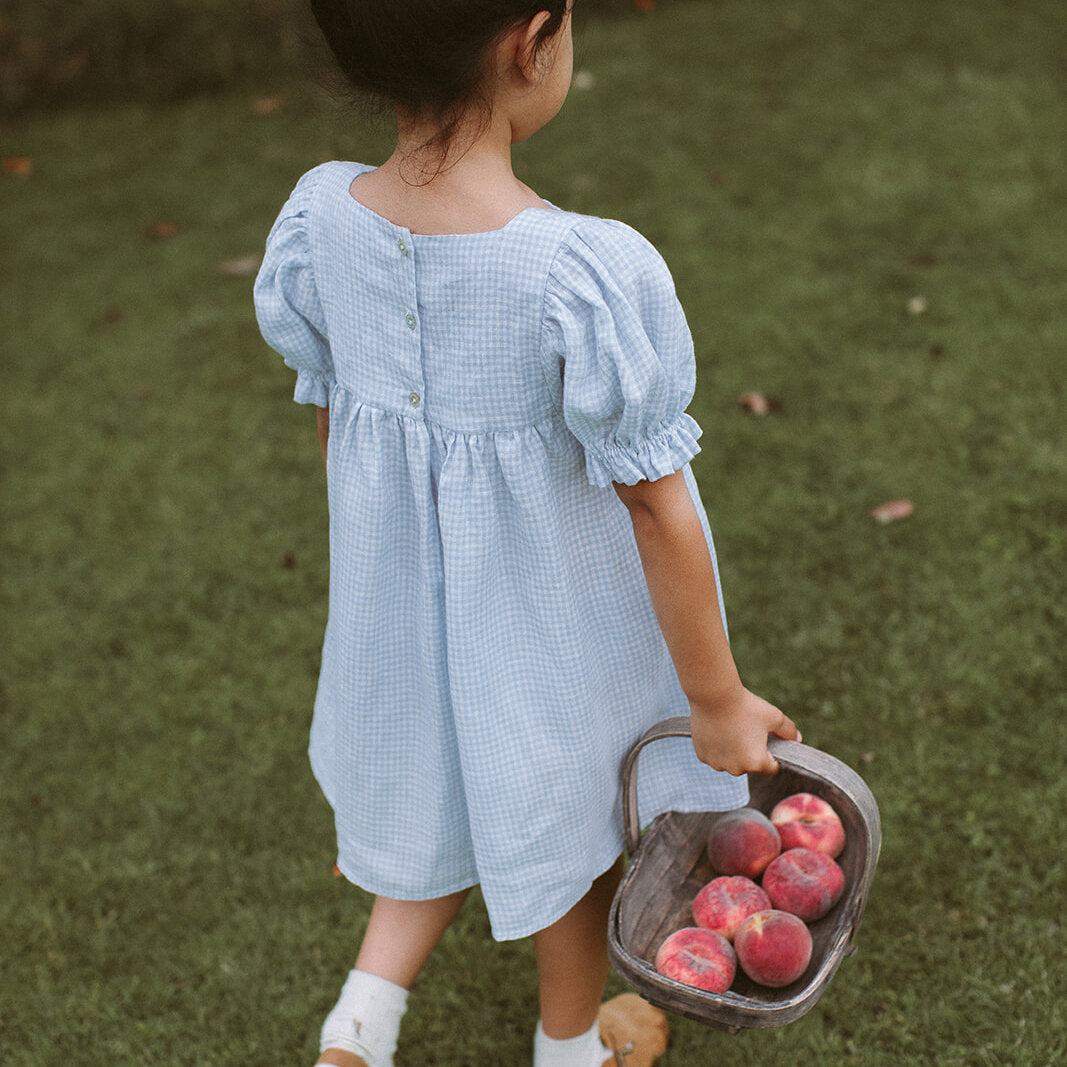 Skipping Dress | Baby Blue & Milk Mini Check Linen