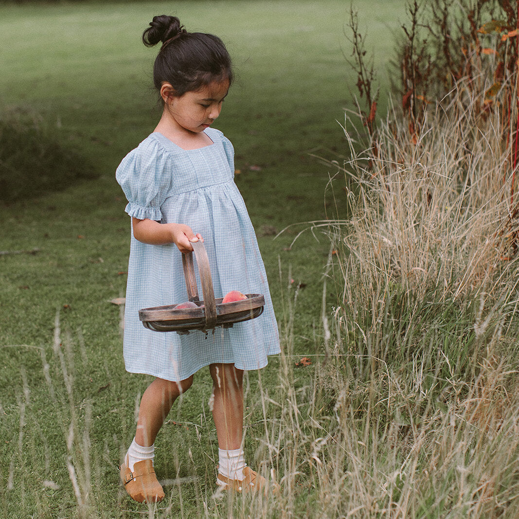 Skipping Dress | Baby Blue & Milk Mini Check Linen