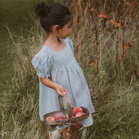 Skipping Dress | Baby Blue & Milk Mini Check Linen