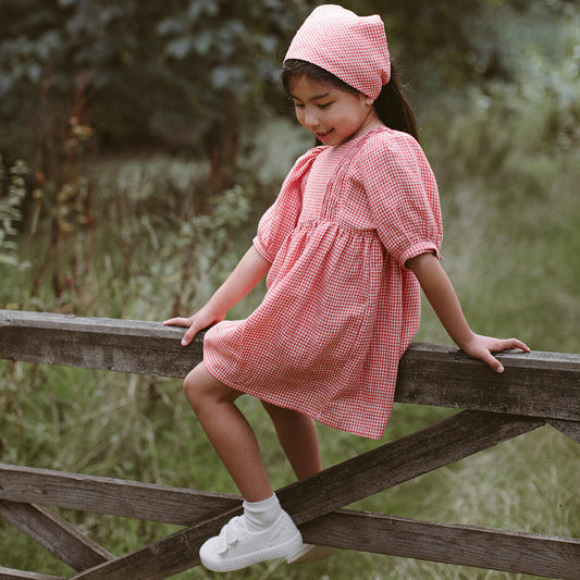 Pat-A-Cake Dress| Strawberry & Oat Mini Check Linen