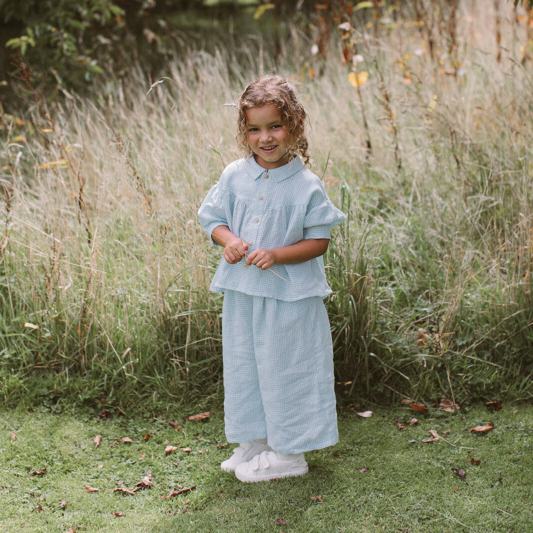 Duck, Duck, Goose Blouse | Baby Blue & Milk Mini Check Linen