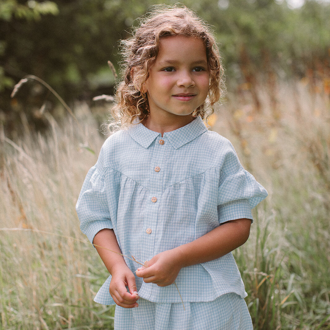 Duck, Duck, Goose Blouse | Baby Blue & Milk Mini Check Linen