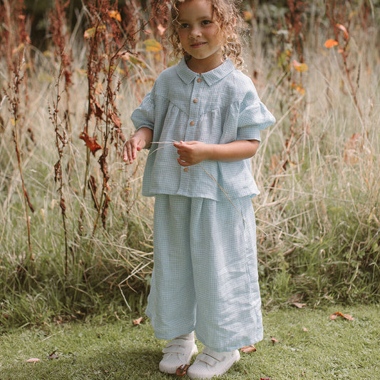 Duck, Duck, Goose Blouse | Baby Blue & Milk Mini Check Linen